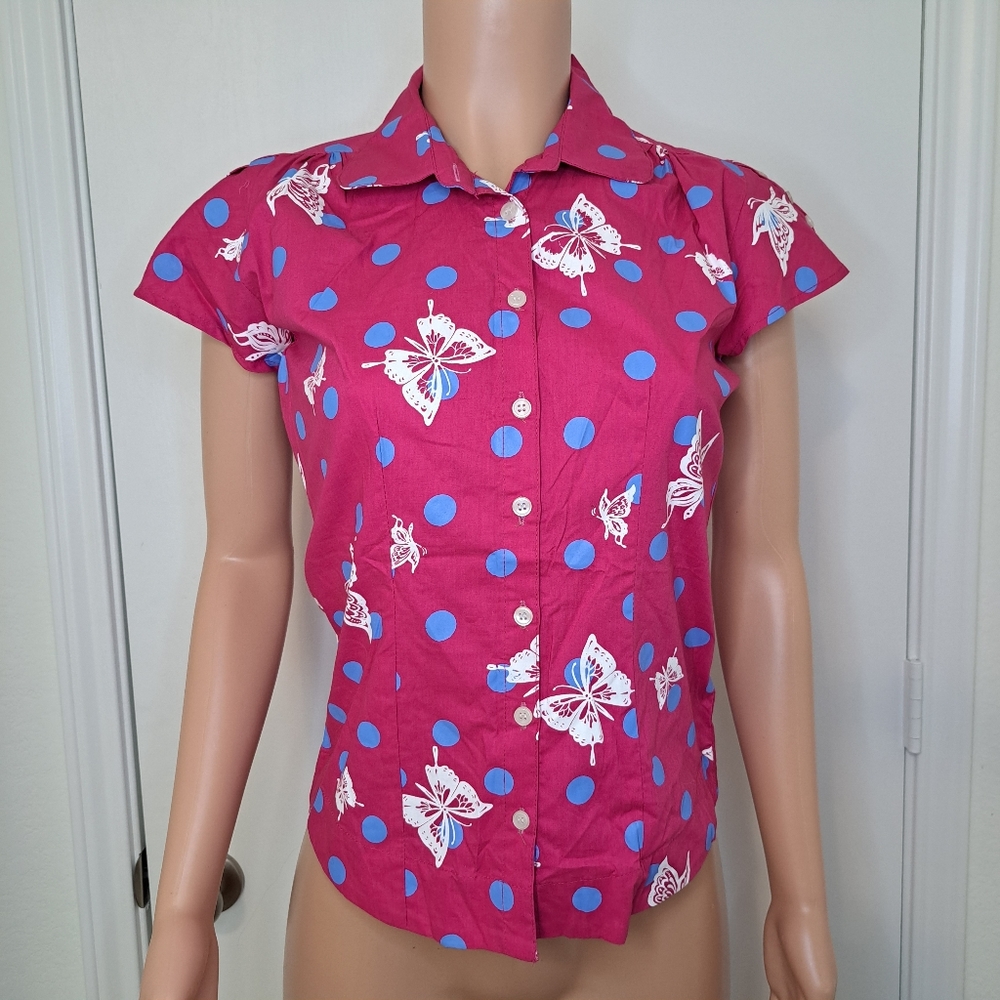 Dead Threads Womens M Shirt Pink Blue Polka Dots Butterfly Girly Button Down